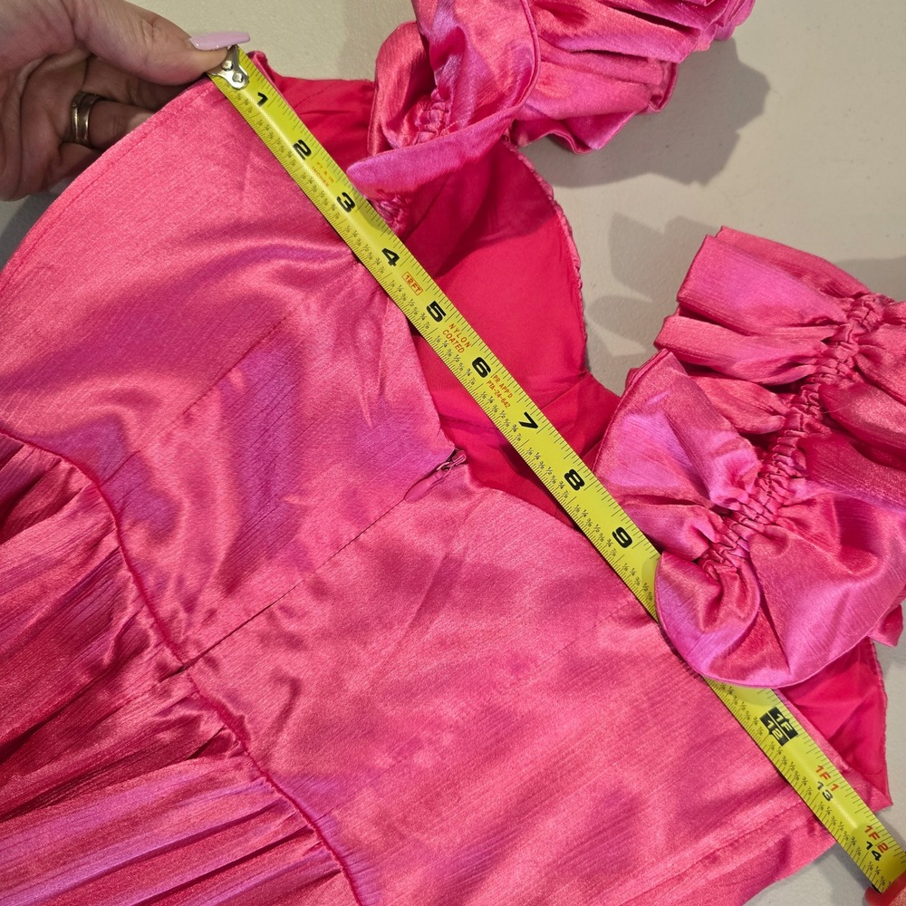 Hello Molly Hot Pink Ruffle Bustier Double Slit Satin Maxi Dress XS USA 2 - Picture 8 of 12